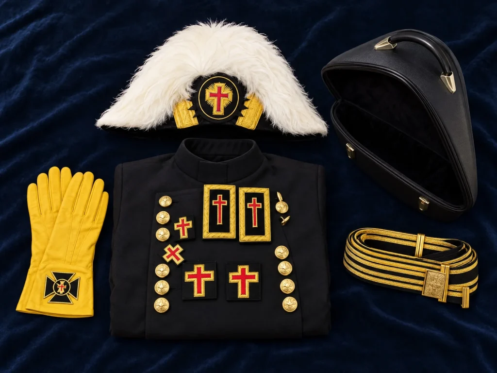 Knight Templar regalia set: coat, plumed chapeau, gloves, belt and case