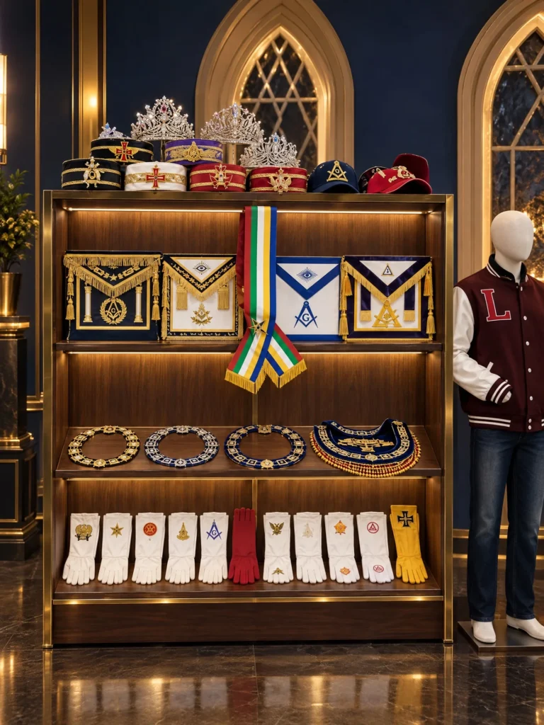 Rafia Regalia showroom: regalia crowns, caps, Masonic aprons, OES sash, chain collars, embroidered gloves and a varsity jacket