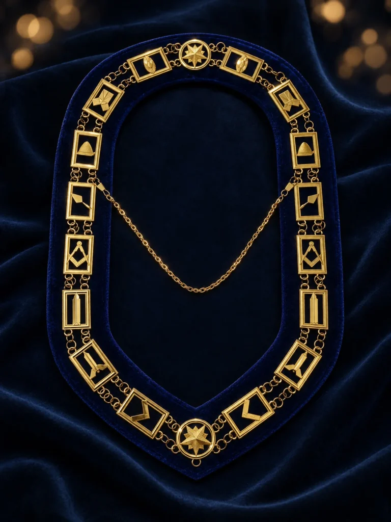 Ceremonial Masonic chain collar with gold emblem links on royal blue velvet