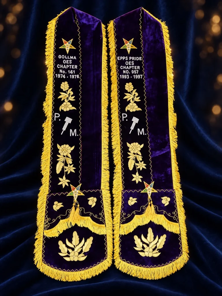 Embroidered purple velvet OES Past Matron stoles with gold fringe